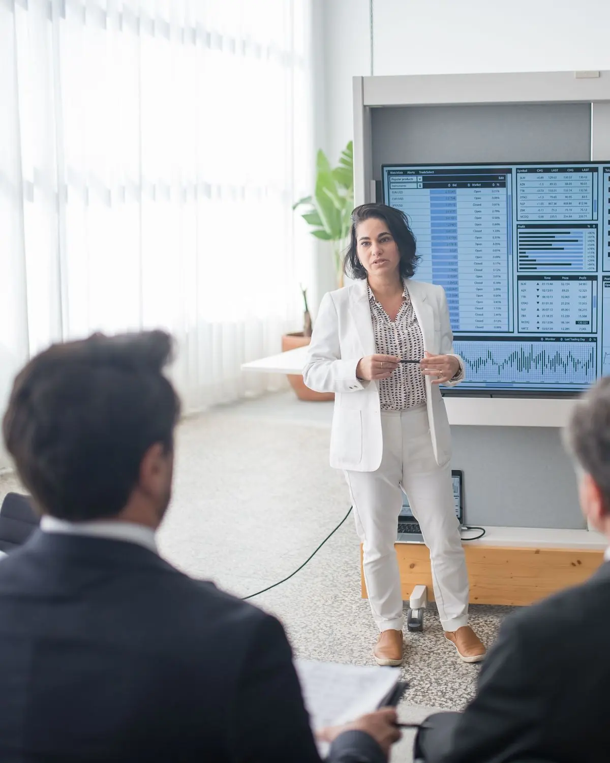 Two people presenting a plan on a screen in a meeting room.